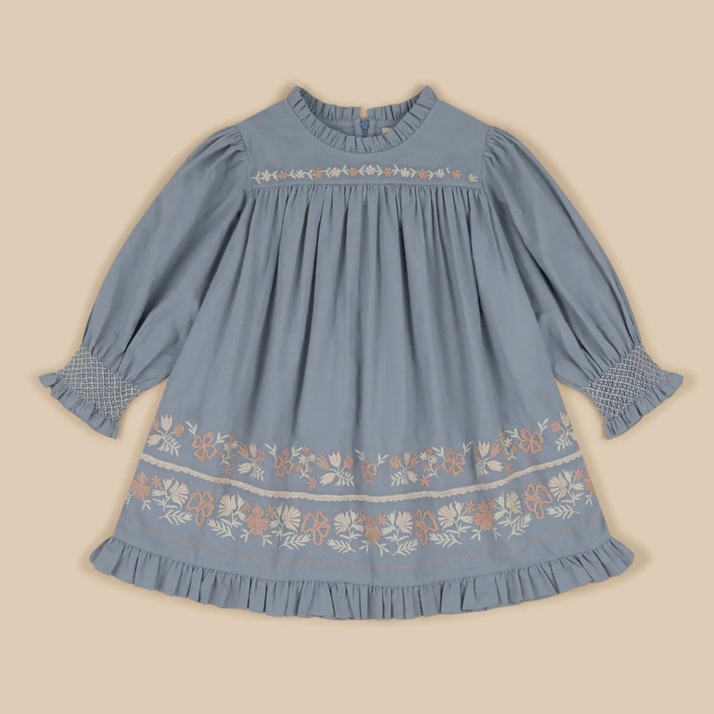 Apolina Blue Lily mountain dress - smocked and embroidered